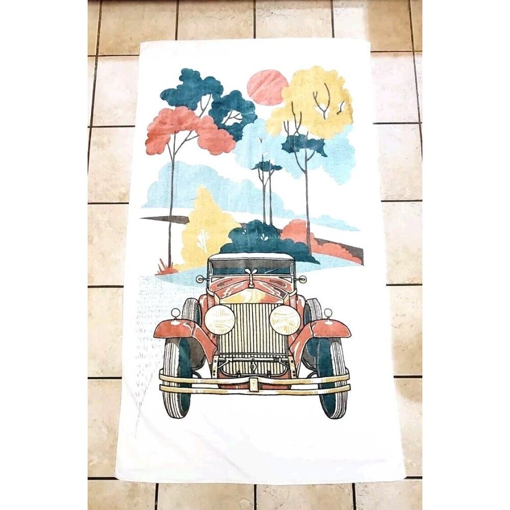Vintage JP Stevens Utica Fine Arts Bath Towel Beach Old Car With Trees